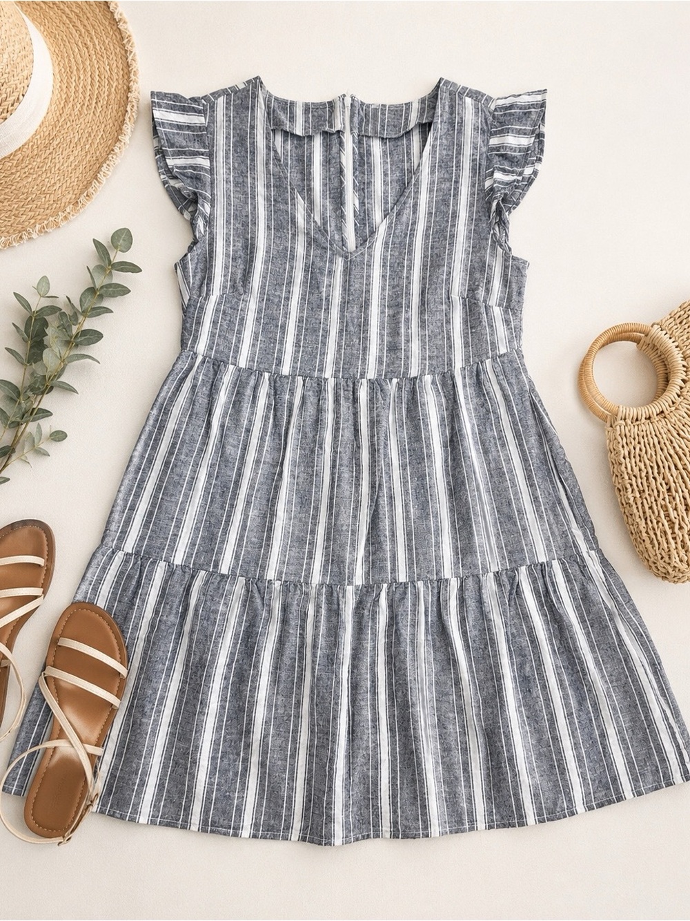 Goodthreads Linen Blend Tiered Flutter Sleeve Mini Dress Gray White Stripe XS
